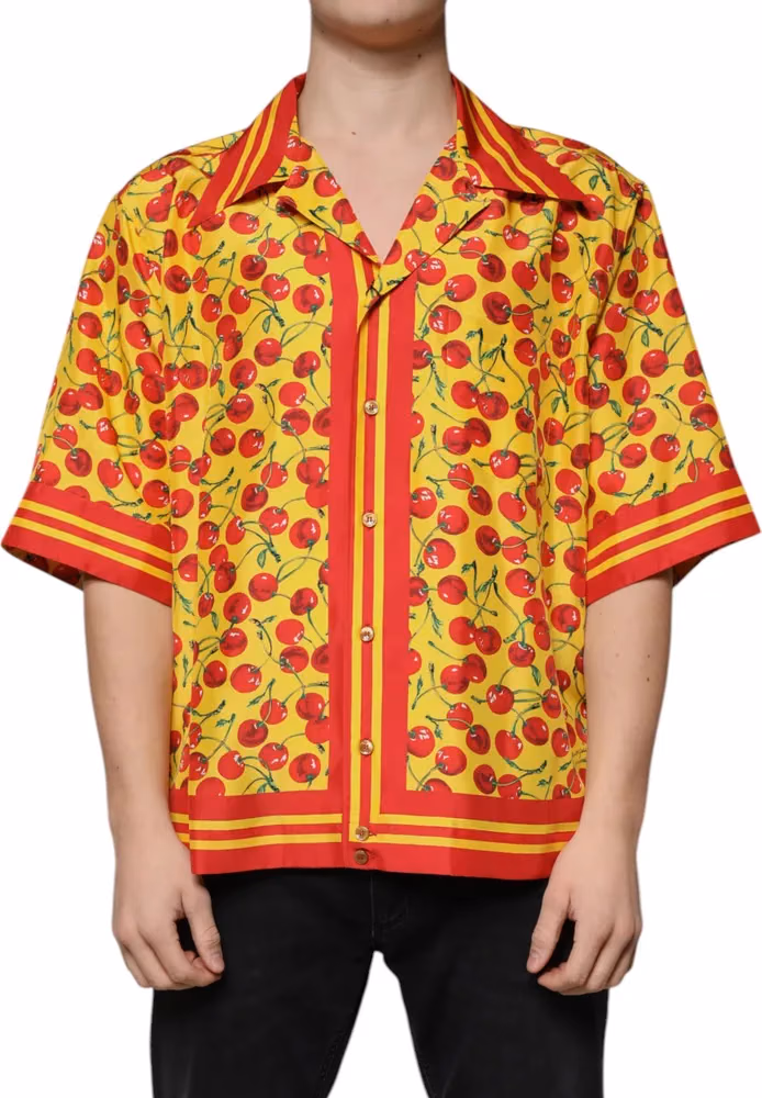 Dolce & Gabbana Yellow Cherry Button Down Silk Casual Shirt