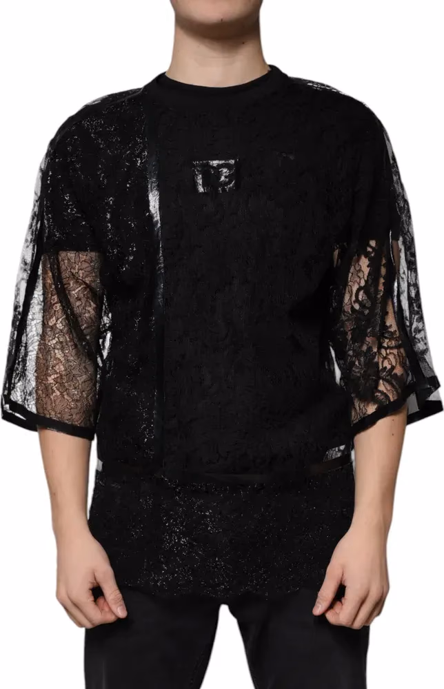 Dolce & Gabbana Black Nylon Floral Lace Crew Neck T-shirt