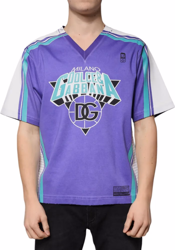 Dolce & Gabbana Purple Logo Jersey Cotton V-neck T-shirt