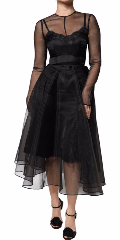 Dolce & Gabbana Black Tulle A-line Midi Cocktail Gown Dress