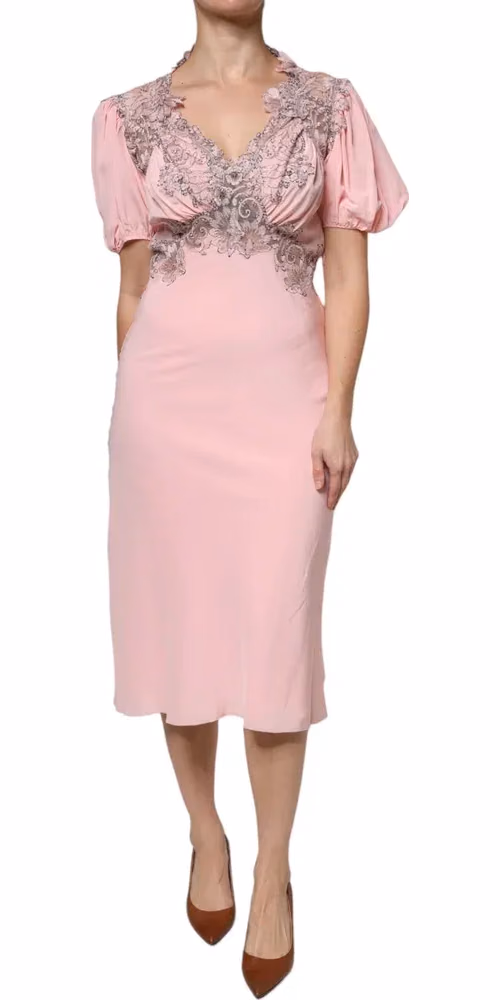 Ermanno Scervino Pink Floral Lace Short Sleeves V-neck Midi Dress