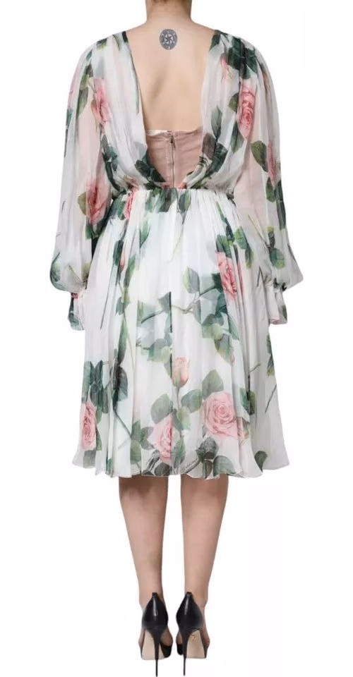 Dolce & Gabbana White Silk Floral Print A-line Midi Dress