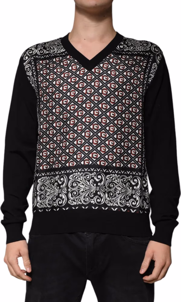Dolce & Gabbana Black Logo Wool V-neck Pullover Sweater