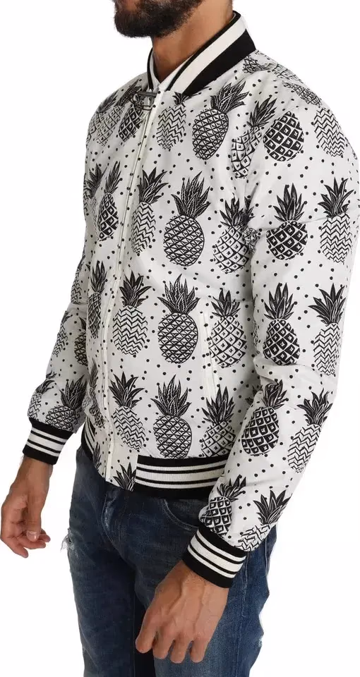 Dolce & Gabbana White Black Pineapple Bomber Coat Jacket