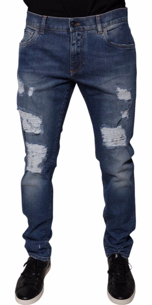 Dolce & Gabbana Blue Cotton Tattered Skinny Denim Jeans