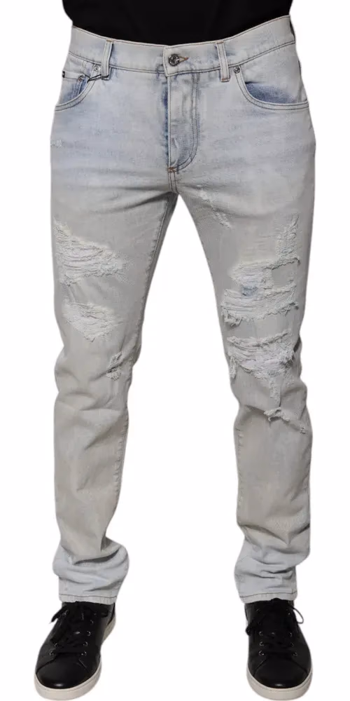 Dolce & Gabbana Light Blue Cotton Blend Tattered Skinny Denim Jeans