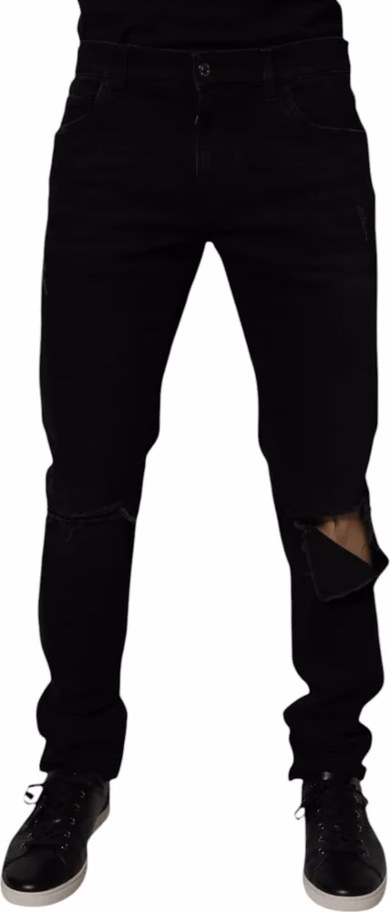 Dolce & Gabbana Black Cotton Tattered Skinny Men Denim Jeans