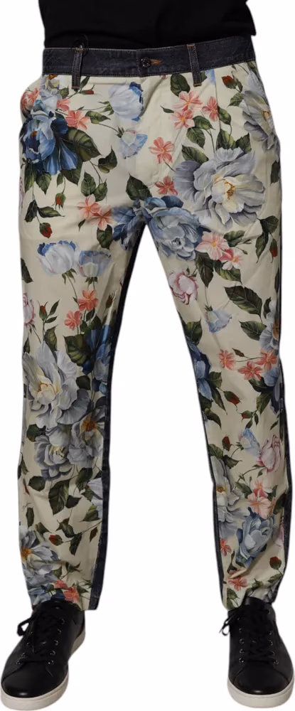 Dolce & Gabbana Beige Blue Floral Cotton Men Denim Jeans