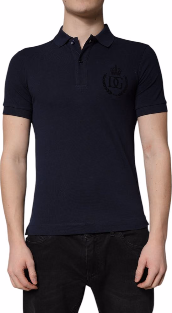 Dolce & Gabbana Dark Blue Cotton Crown Collared Polo T-shirt
