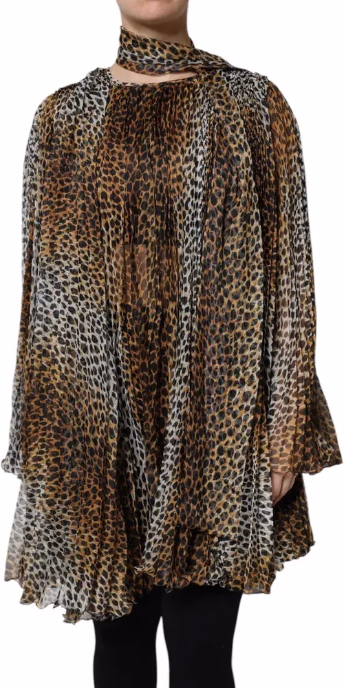 Dolce & Gabbana Brown Leopard Print Scarf Collared Chiffon Dress