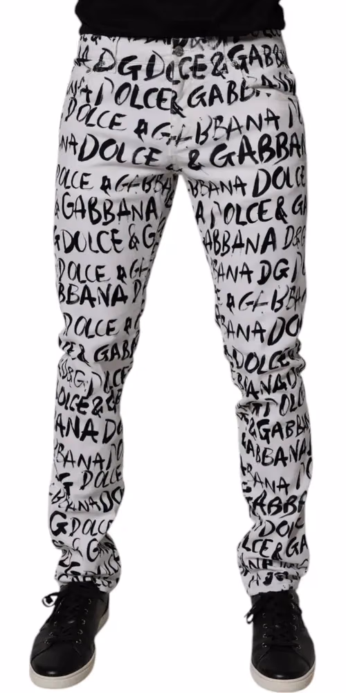 Dolce & Gabbana White Cotton Logo Print Skinny Denim Jeans