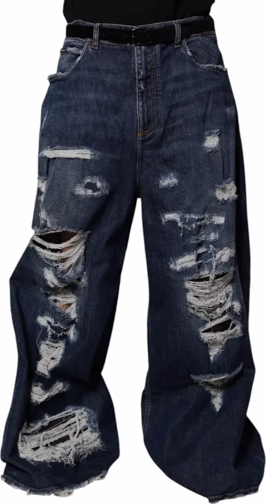 Dolce & Gabbana Dark Blue Tattered Wide Leg Men Denim Jeans