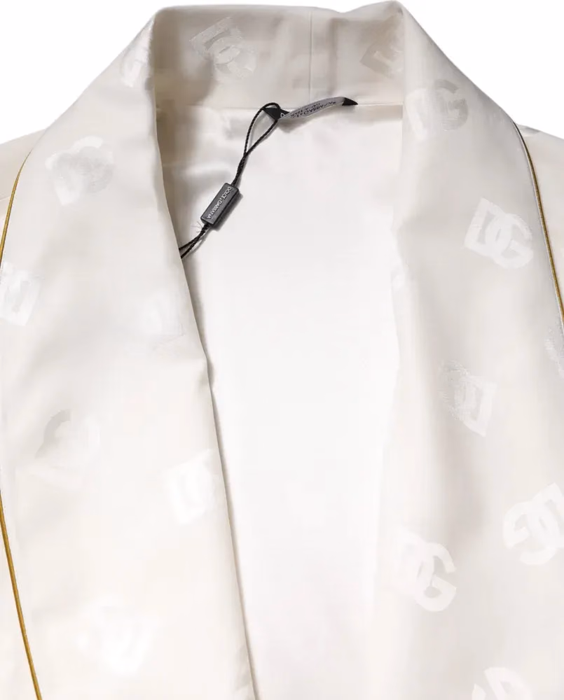 Dolce & Gabbana Ivory Silk Logo Men Wrap Robe Coat Jacket