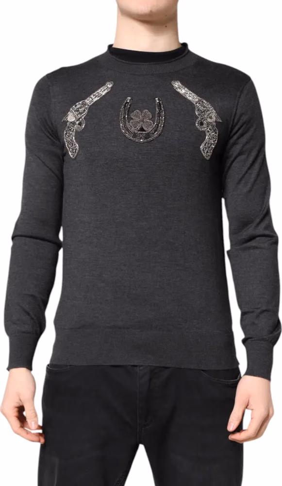 Dolce & Gabbana Gray Embroidery Knit Men Pullover Sweater