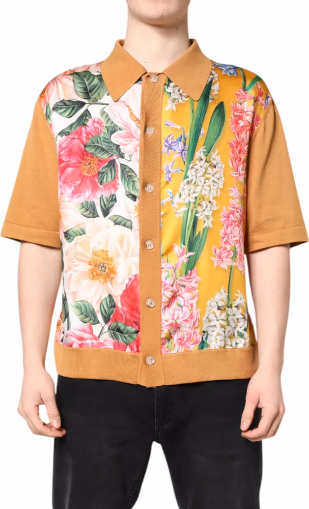 Dolce & Gabbana Brown Floral Collared Short Sleeve T-shirt