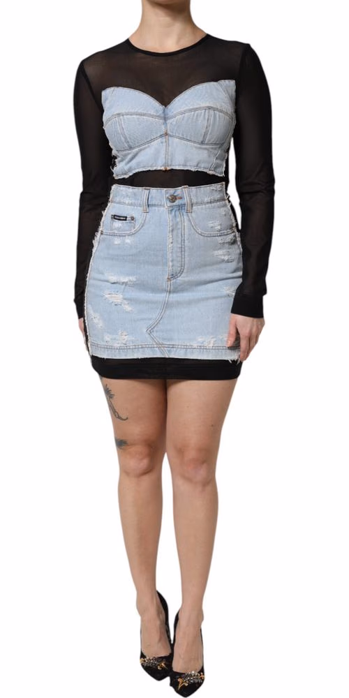 Dolce & Gabbana Black Blue Long Sleeves Denim Mini Dress