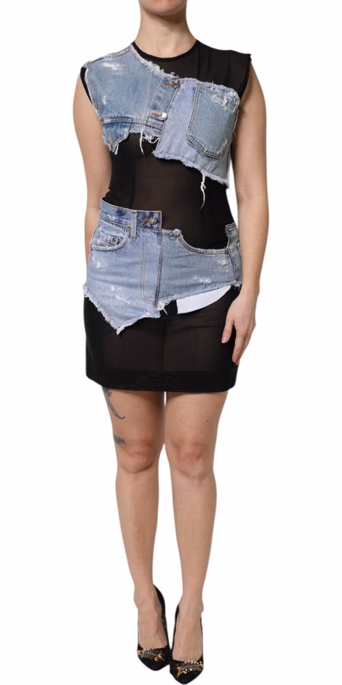 Dolce & Gabbana Black Blue Sleeveless Denim Mini Dress