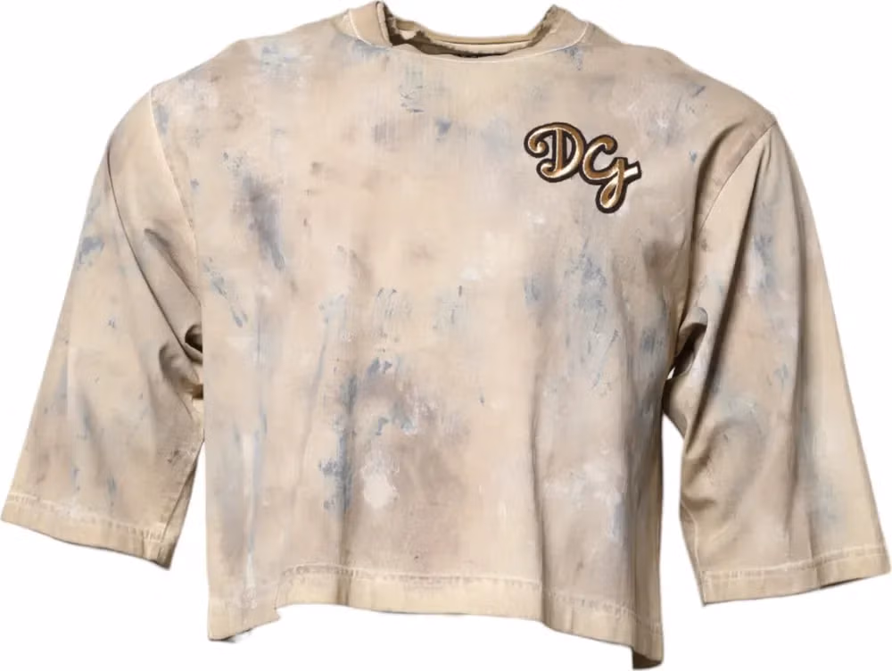 Dolce & Gabbana Beige Tie Dye DG Embroidery Cropped T-shirt
