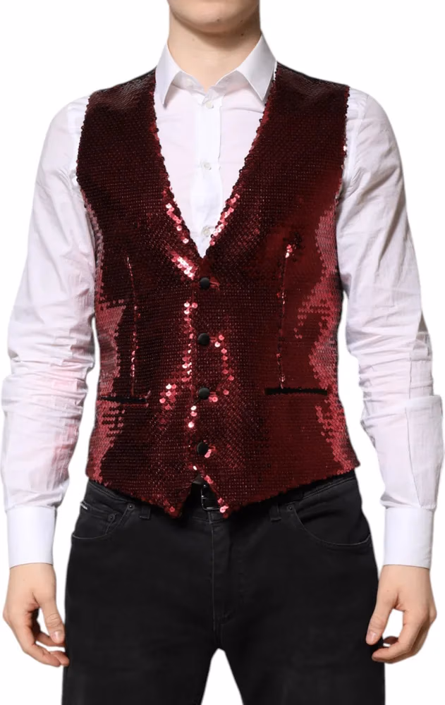 Dolce & Gabbana Red Sequined Dress Formal Men Waistcoat Vest