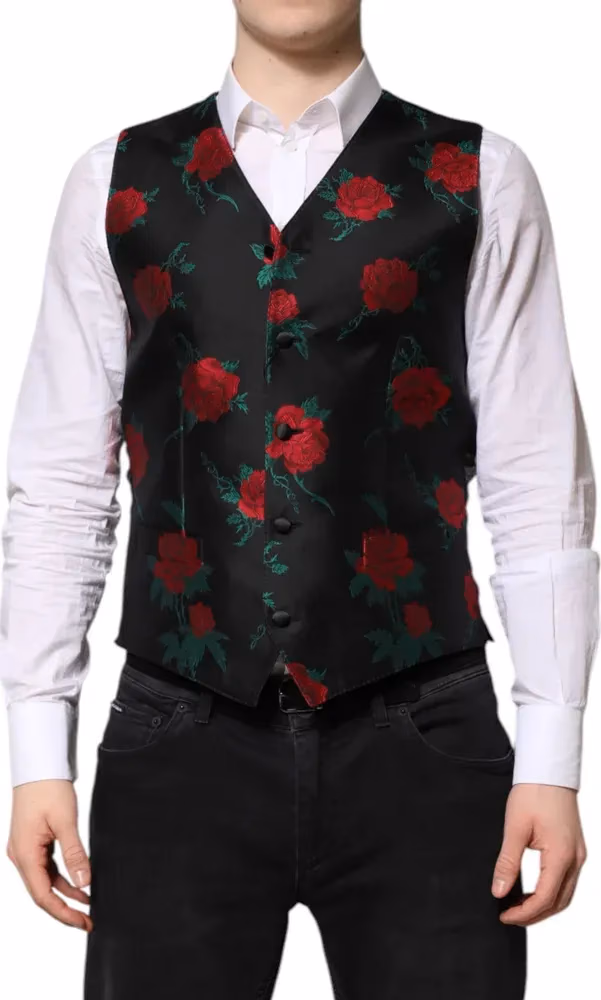 Dolce & Gabbana Red Floral Brocade Formal Men Waistcoat Vest