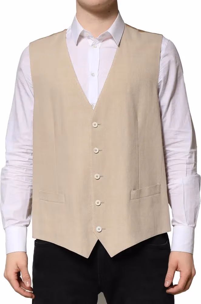 Dolce & Gabbana Beige Linen Dress Formal Men Waistcoat Vest