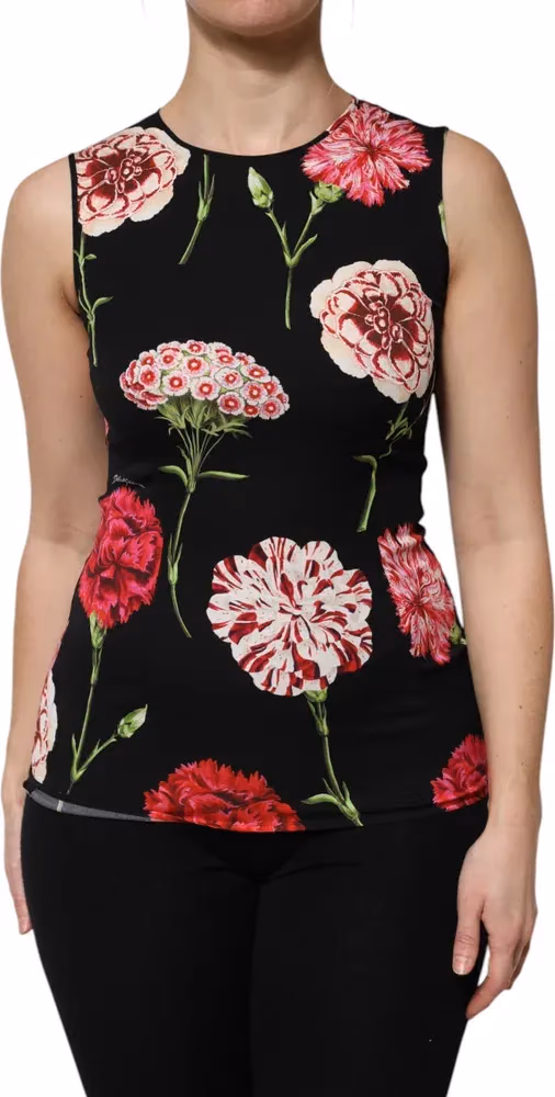 Dolce & Gabbana Black Floral Print Sleeveless Tank Blouse Top