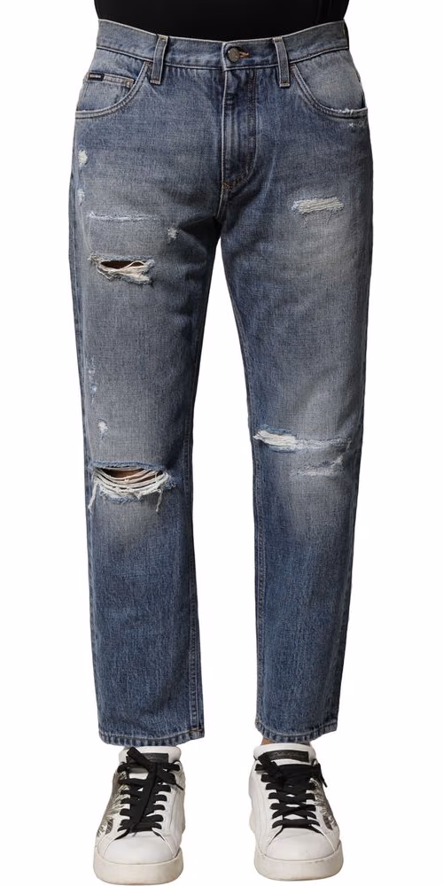Dolce & Gabbana Blue Washed Tattered Straight Fit Denim Jeans