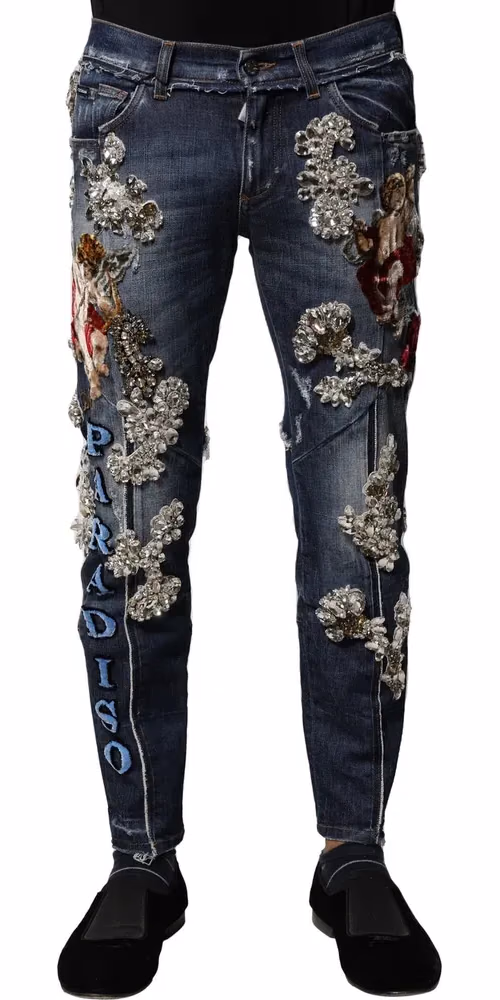Dolce & Gabbana Blue Cotton Rhinestone Embellish Denim Jeans