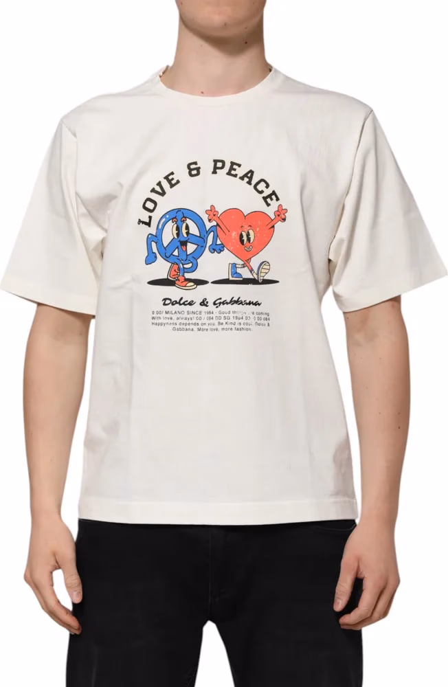 Dolce & Gabbana White Love Peace Cotton Men Crew Neck T-shirt