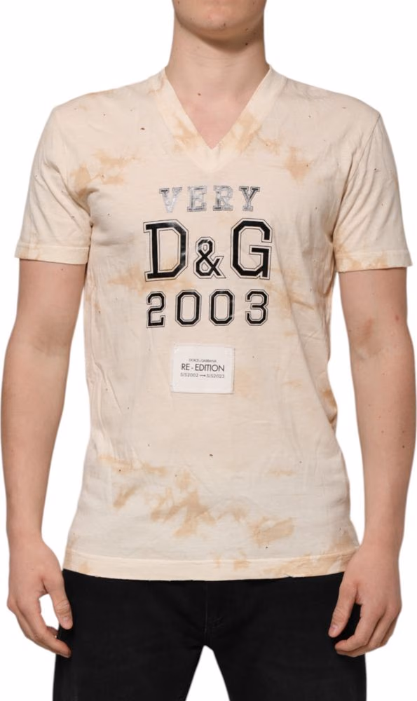 Dolce & Gabbana Beige Logo Print Short Sleeve V-neck T-shirt