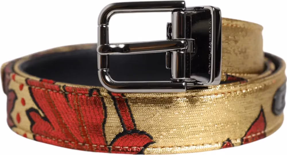 Dolce & Gabbana Gold Floral Jacquard Silver Metal Buckle Belt