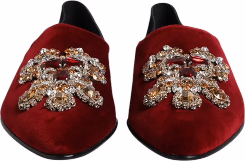 Dolce & Gabbana Black Red Velvet Embellished Slip On Shoes