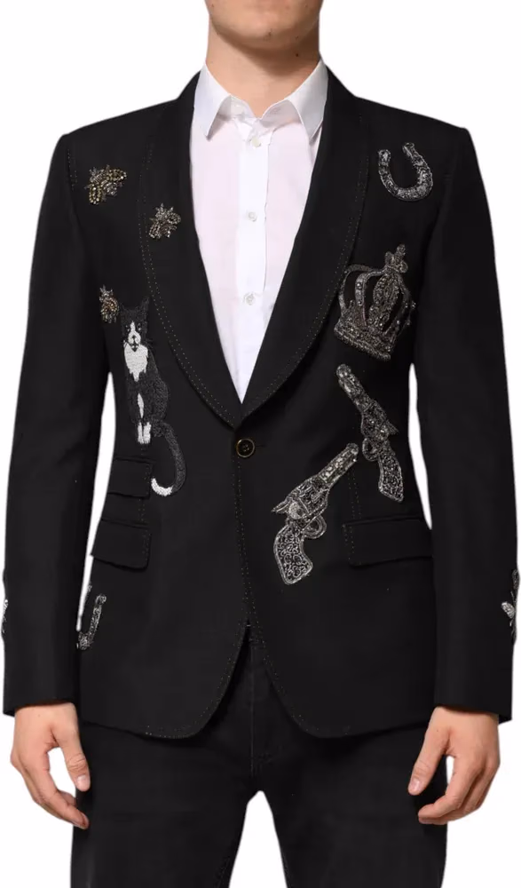 Dolce & Gabbana Black Bee Crown Embellished Suit Coat Blazer
