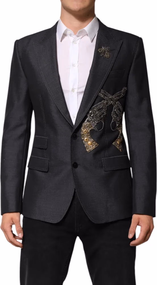 Dolce & Gabbana Dark Gray Bee Embroidery Wool Coat Blazer