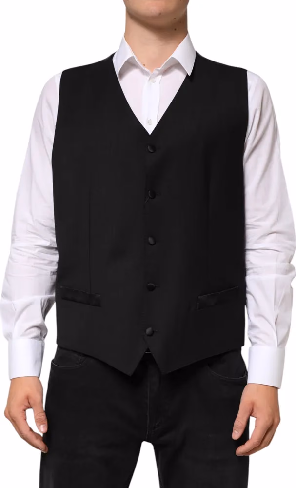 Dolce & Gabbana Black Wool Dress Formal Men Waistcoat Vest