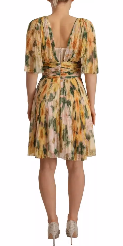 Dolce & Gabbana Yellow Floral Print Pleated Maxi Dress