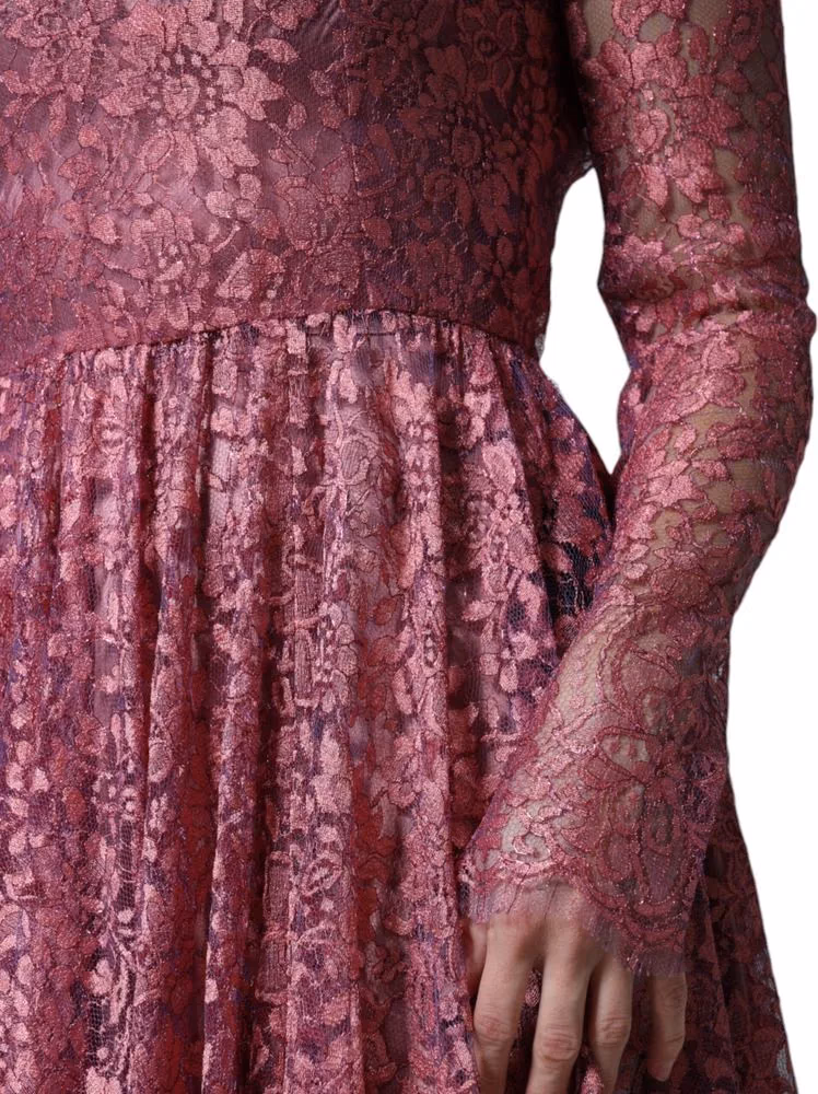 Dolce & Gabbana Pink Floral Lace Long Sleeve Midi Dress