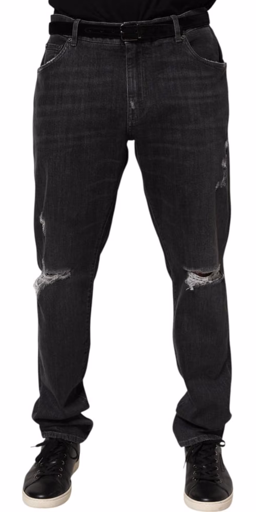 Dolce & Gabbana Black Cotton Slim Fit Distressed Ripped Logo Jeans