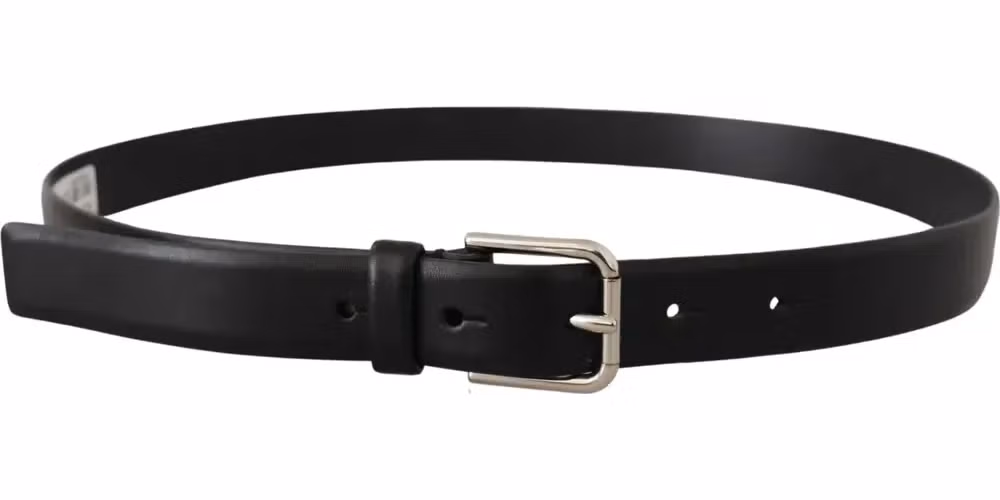 Dolce & Gabbana Black Calf Leather Silver Tone Logo Buckle Belt