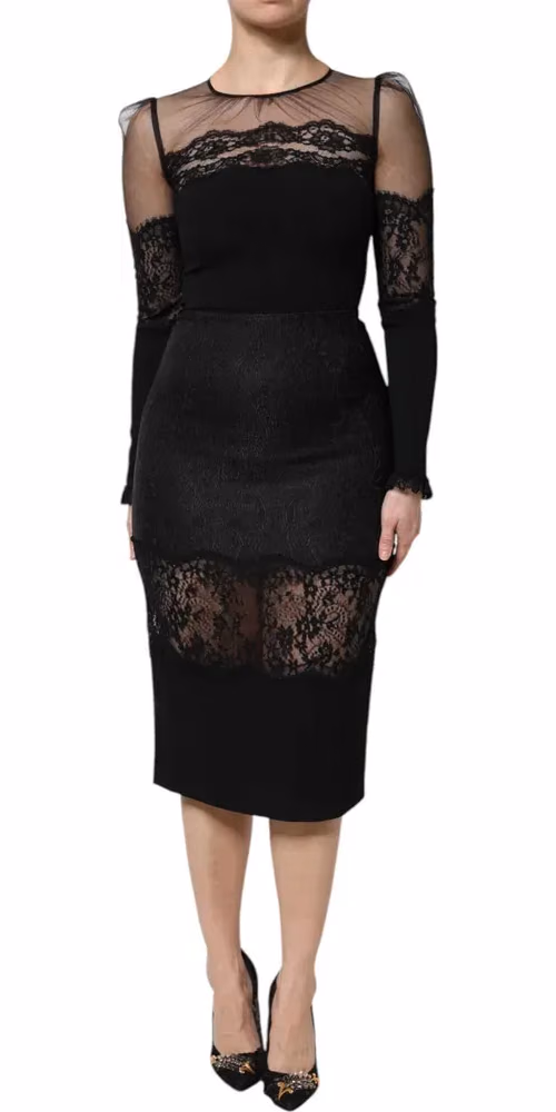 Dolce & Gabbana Black Lace Trim Nylon Tulle SheathMidi Dress