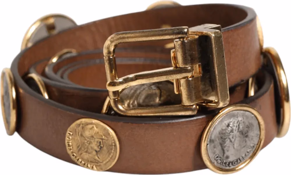 Dolce & Gabbana Brown Leather Gold Silver Coin Buckle Belt