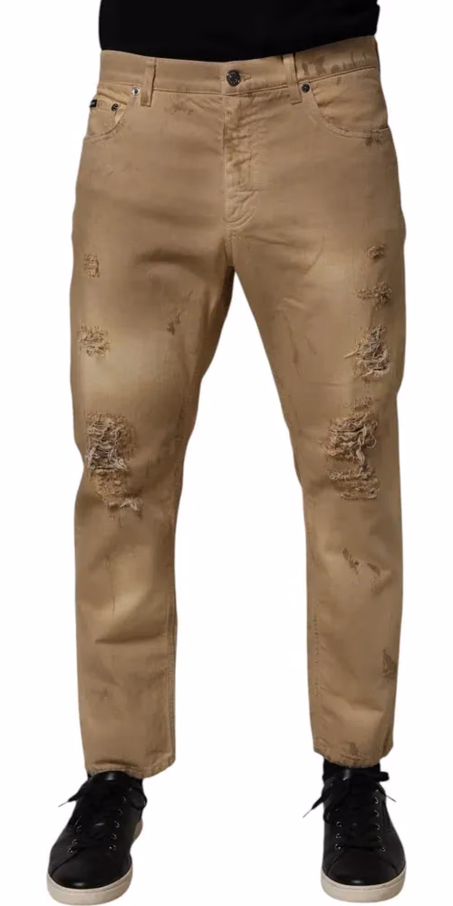 Dolce & Gabbana Beige Cotton Loose Tattered Men Denim Jeans