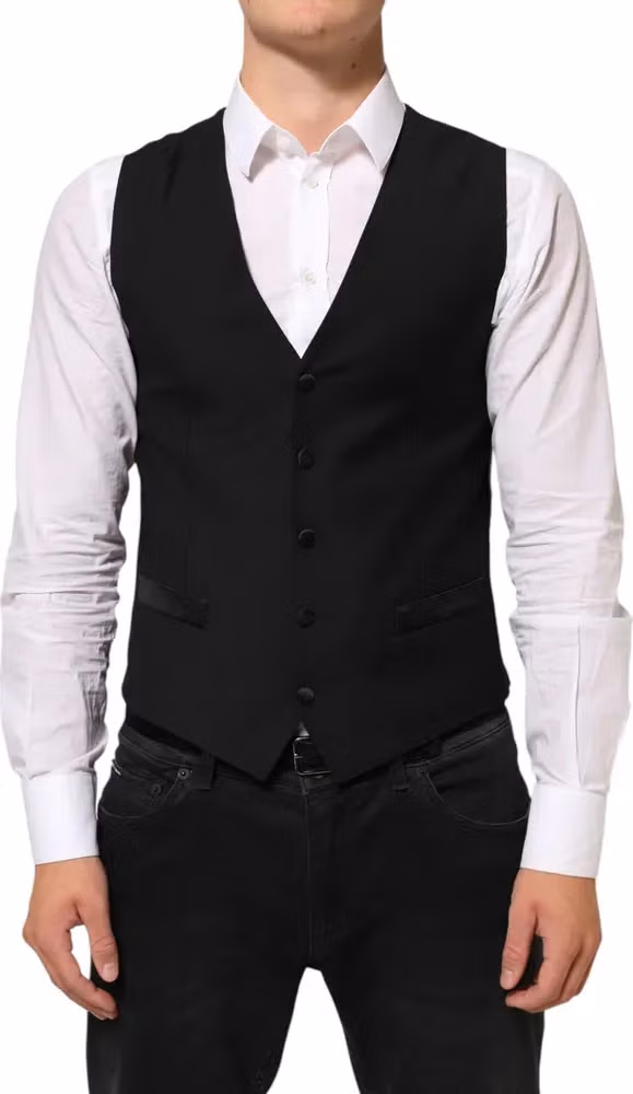 Dolce & Gabbana Black Wool Dress Formal Men Waistcoat Vest
