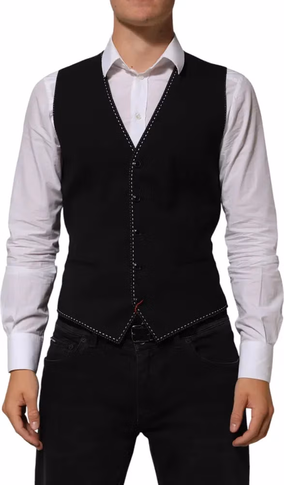 Dolce & Gabbana Black Wool Dress Formal Men Waistcoat Vest