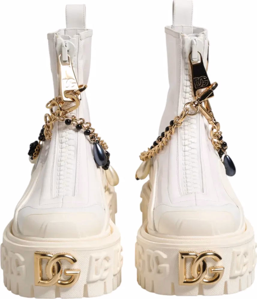 Dolce & Gabbana White Leather Rubber Logo Ankle Boots Shoes