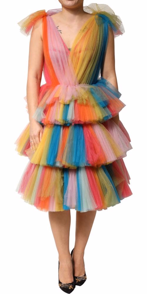 Dolce & Gabbana Multicolor Nylon Tiered Tulle Midi Dress