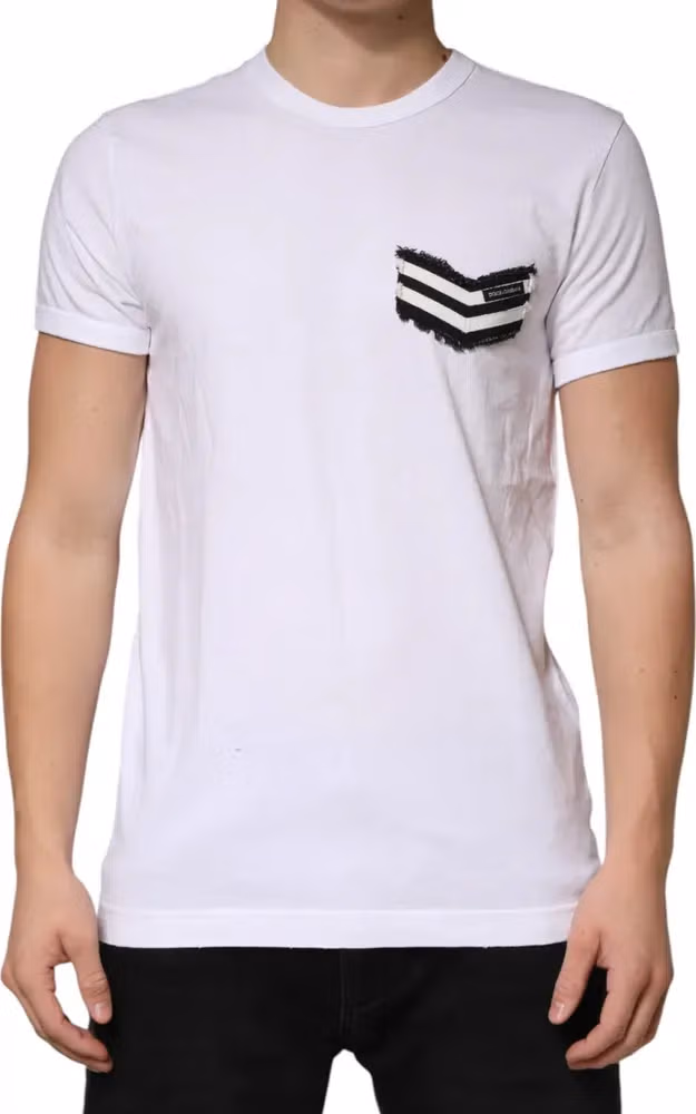 Dolce & Gabbana White Stripes Cotton Crew Neck Tee  T-shirt