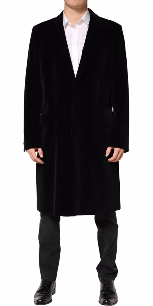 Dolce & Gabbana Black Cotton Velvet Long Trench Coat Jacket